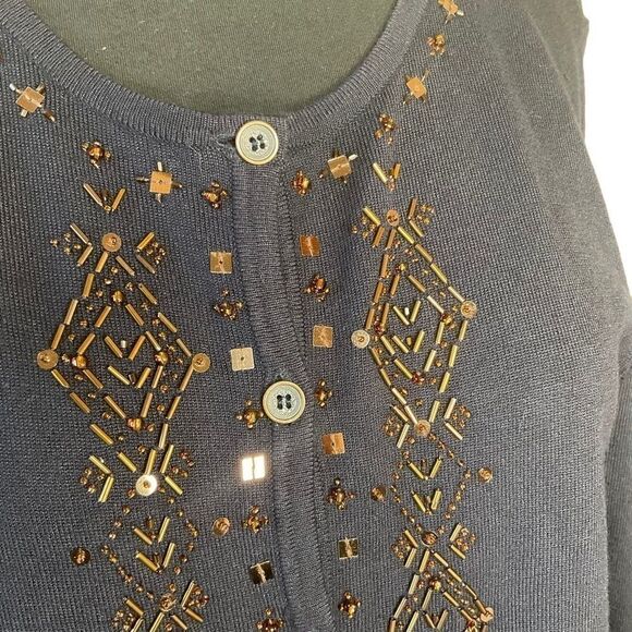 Alfred Dunner Navy Blue Cardigan Sweater Amber Beading Petite Size PM - Picture 4 of 16